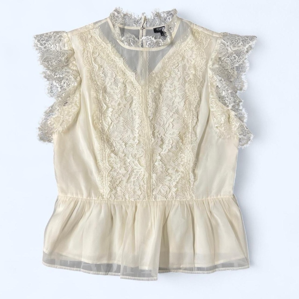 Cream Lace Ruffle Peplum Blouse Sleeveless Medium Whimsigoth Romantic Bridal